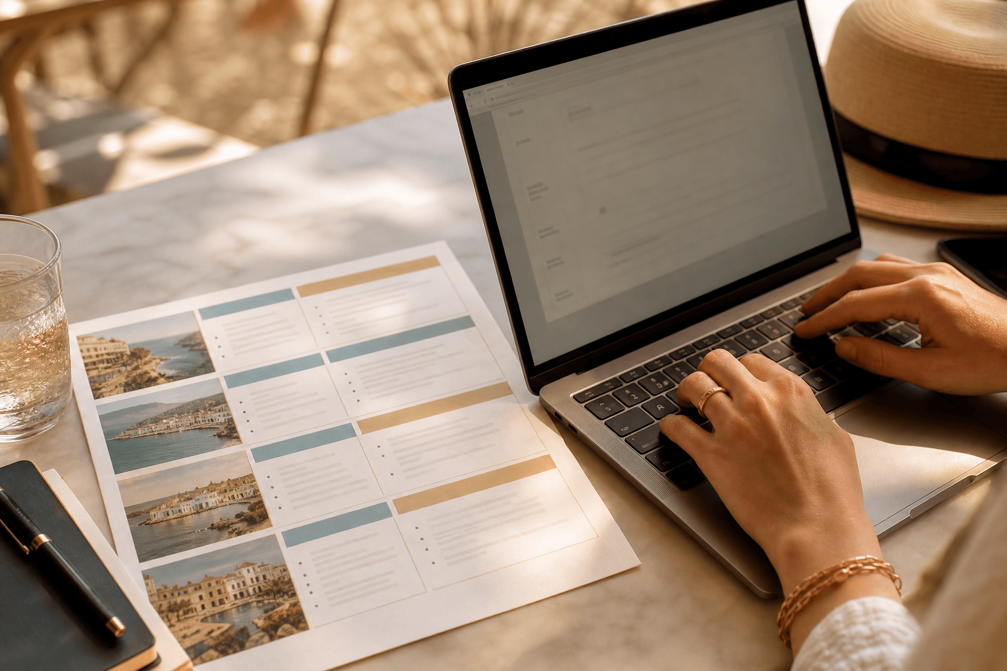 Typing a trip idea on a laptop beside a structured travel outline