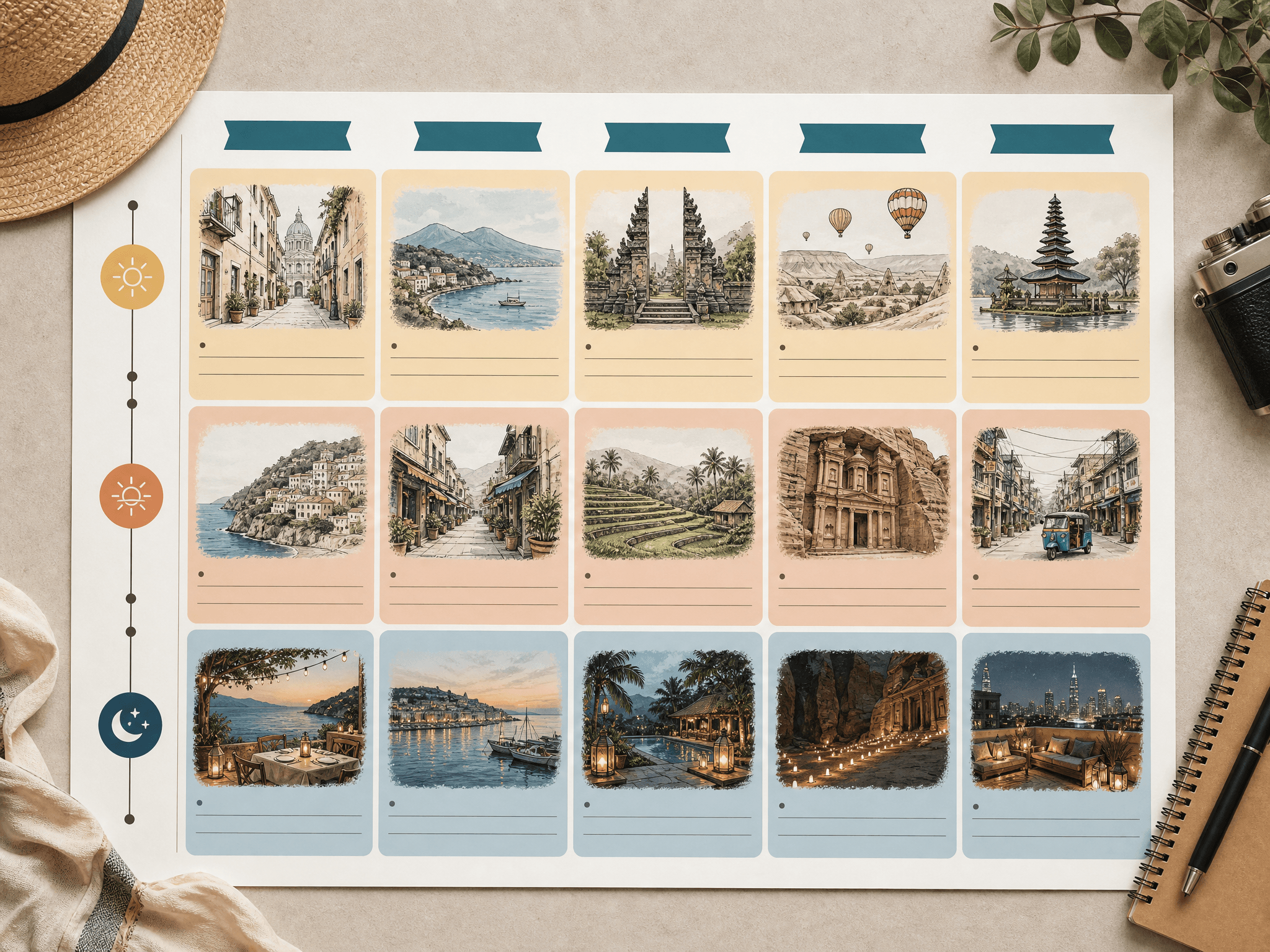 Day-by-day itinerary board with morning, afternoon and evening blocks