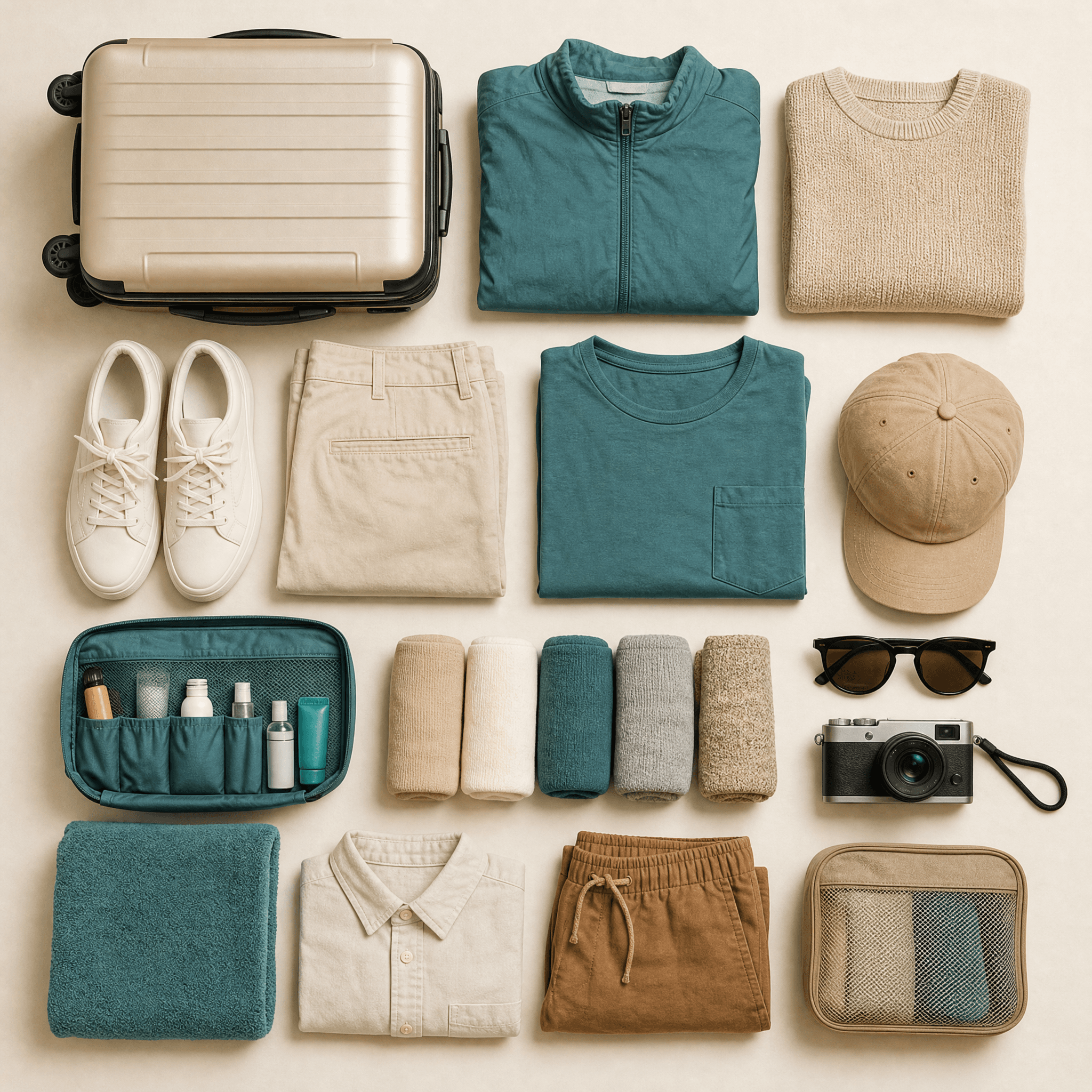 Flat lay of carry-on essentials