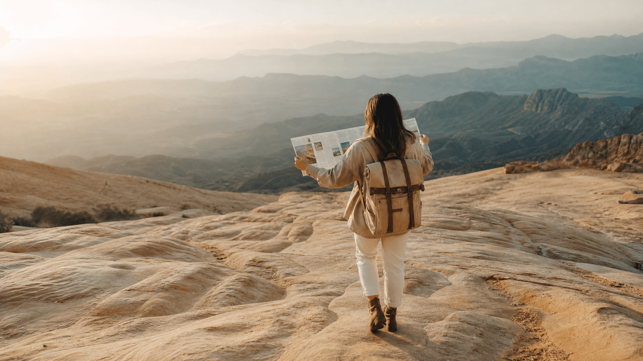 Traveller at dawn with an open trip planner board